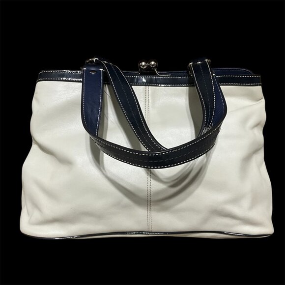 Coach Beige & Navy Leather Tote Handbag With Kiss Lock Closure & Front Zipper Po - Picture 2 of 11